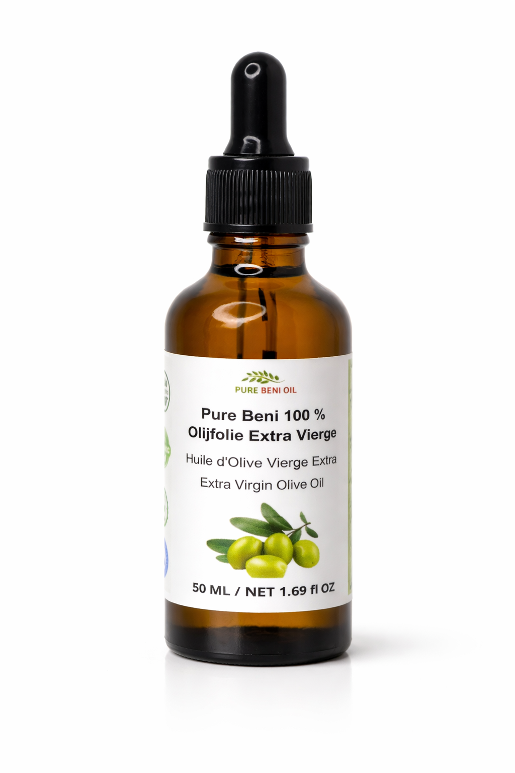 "🌿 Pure Beni 100% Extra Virgin Olive Oil in a glass bottle – cold-pressed, natural, high-quality olive oil for cooking, dressing, and skincare."