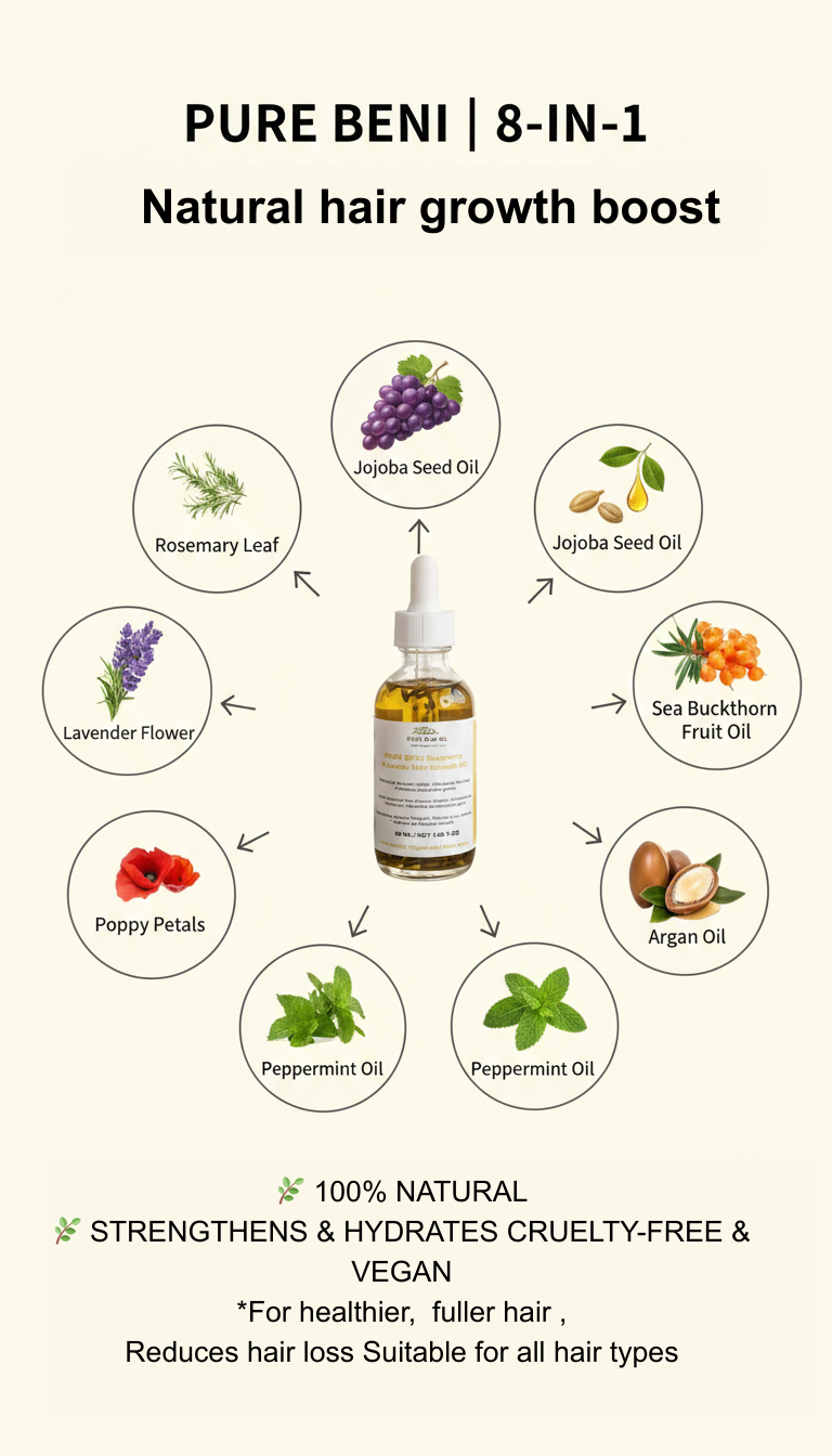 "Natural hair growth boost with PURE BÉNI Oil - organic botanical formula for healthier, fuller hair"