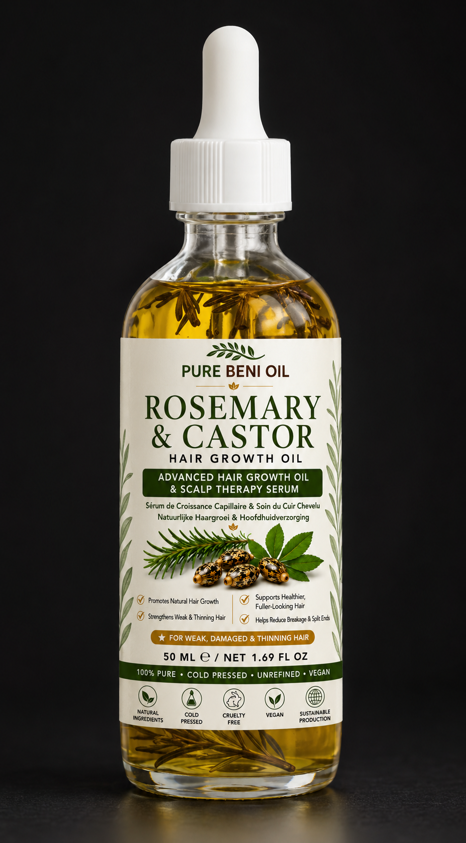 HUILE DE POUSSE DE CHEVEUX AU ROMARIN ET RICIN PURE BÉNI