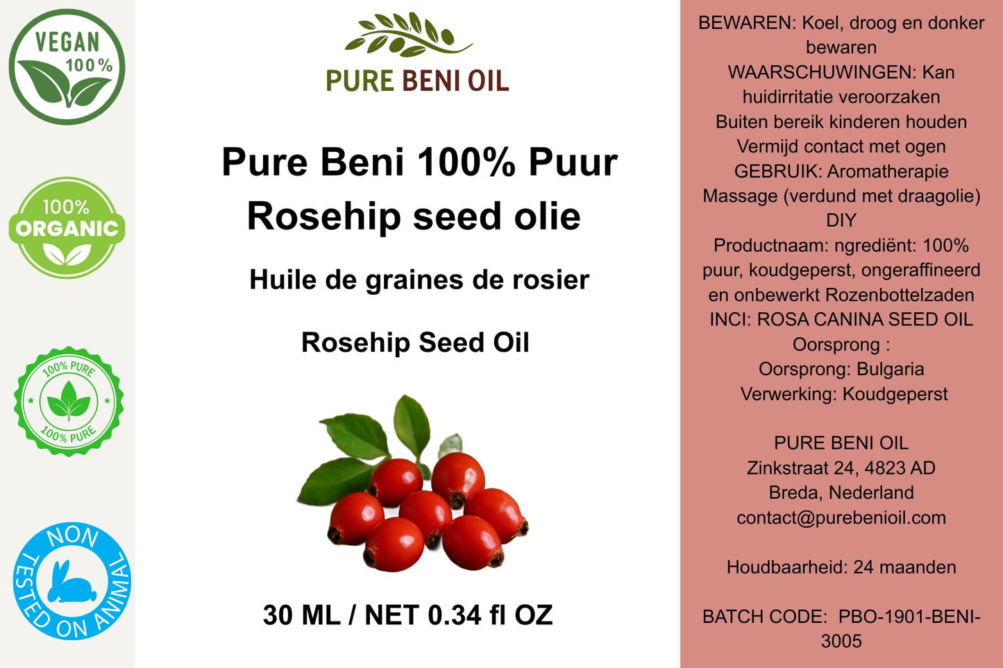 "Pure Beni Rosehip Seed Oil 100% pure and cold pressed, rich in antioxidants for skin regeneration, hydration, anti-aging care and natural glow."