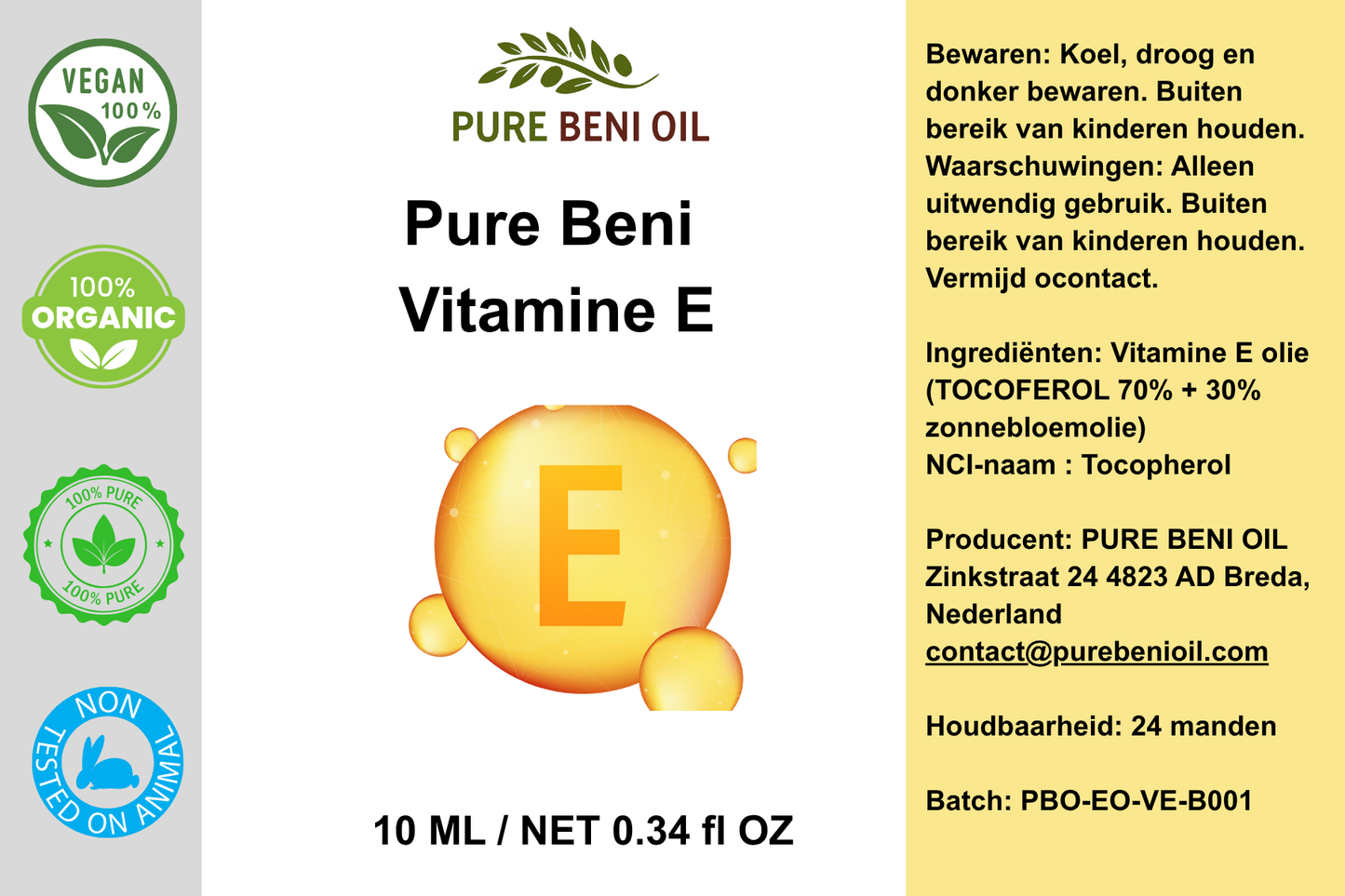 Pure Beni Vitamin E Oil bottle with botanical ingredients and nourishing antioxidant skincare benefits for healthy glowing skin and hair