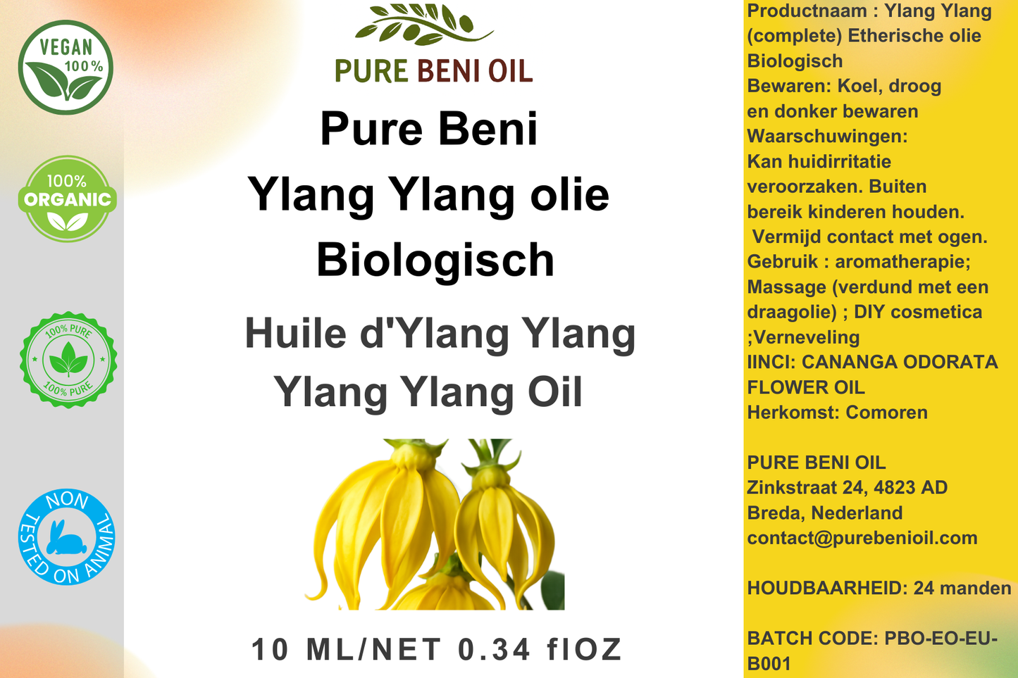 Pure Beni Ylang Ylang Essential Oil bottle for aromatherapy relaxation healthy hair care and natural botanical wellness