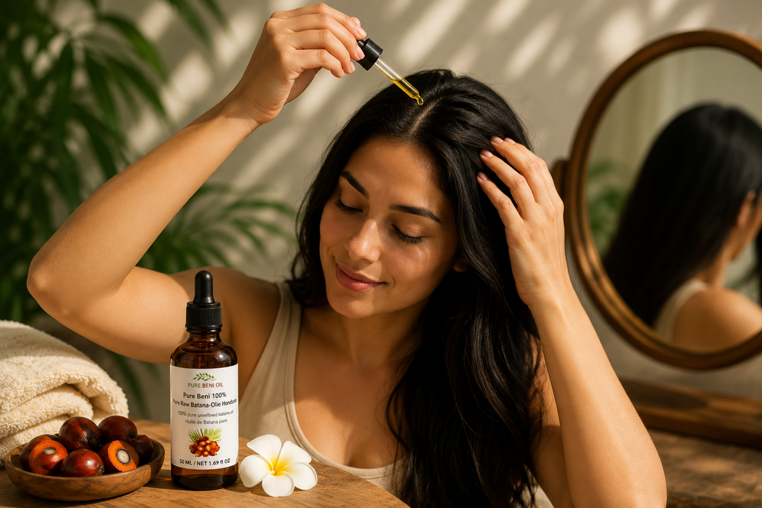 Woman applying Pure Beni Batana Oil to scalp with step-by-step hair growth routine infographic.