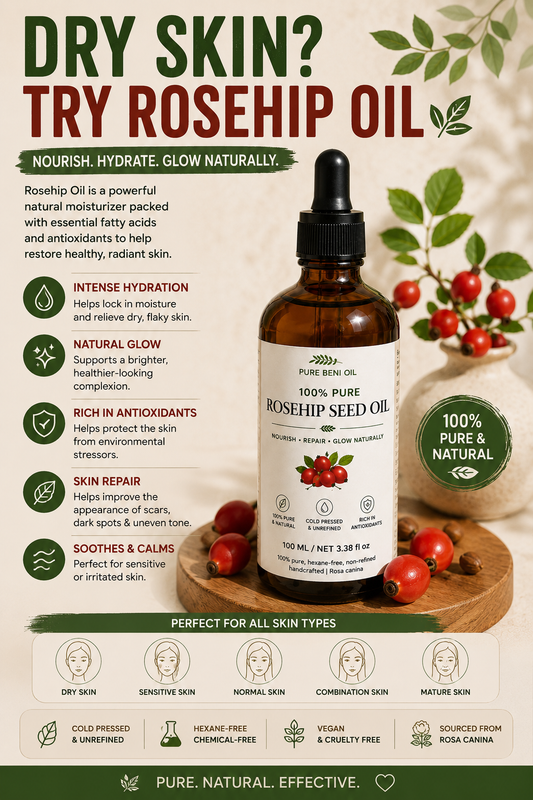 Woman with dry skin transformed to soft, glowing, hydrated skin after using Pure Beni Rosehip Seed Oil — natural remedy for dry and sensitive skin.