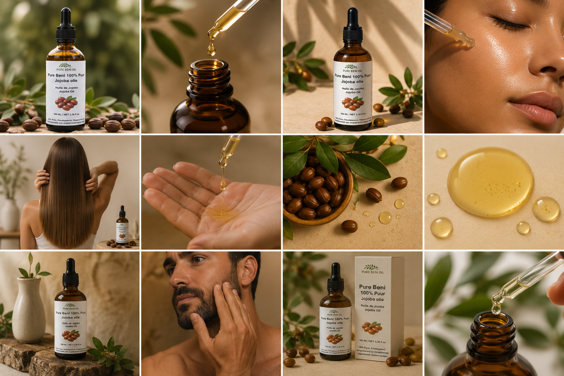Pure Beni 100% Pure Jojoba Oil infographic showing the top benefits for skin, hair, beard and scalp, including hydration, antioxidant protection, oil balance and natural nourishment.