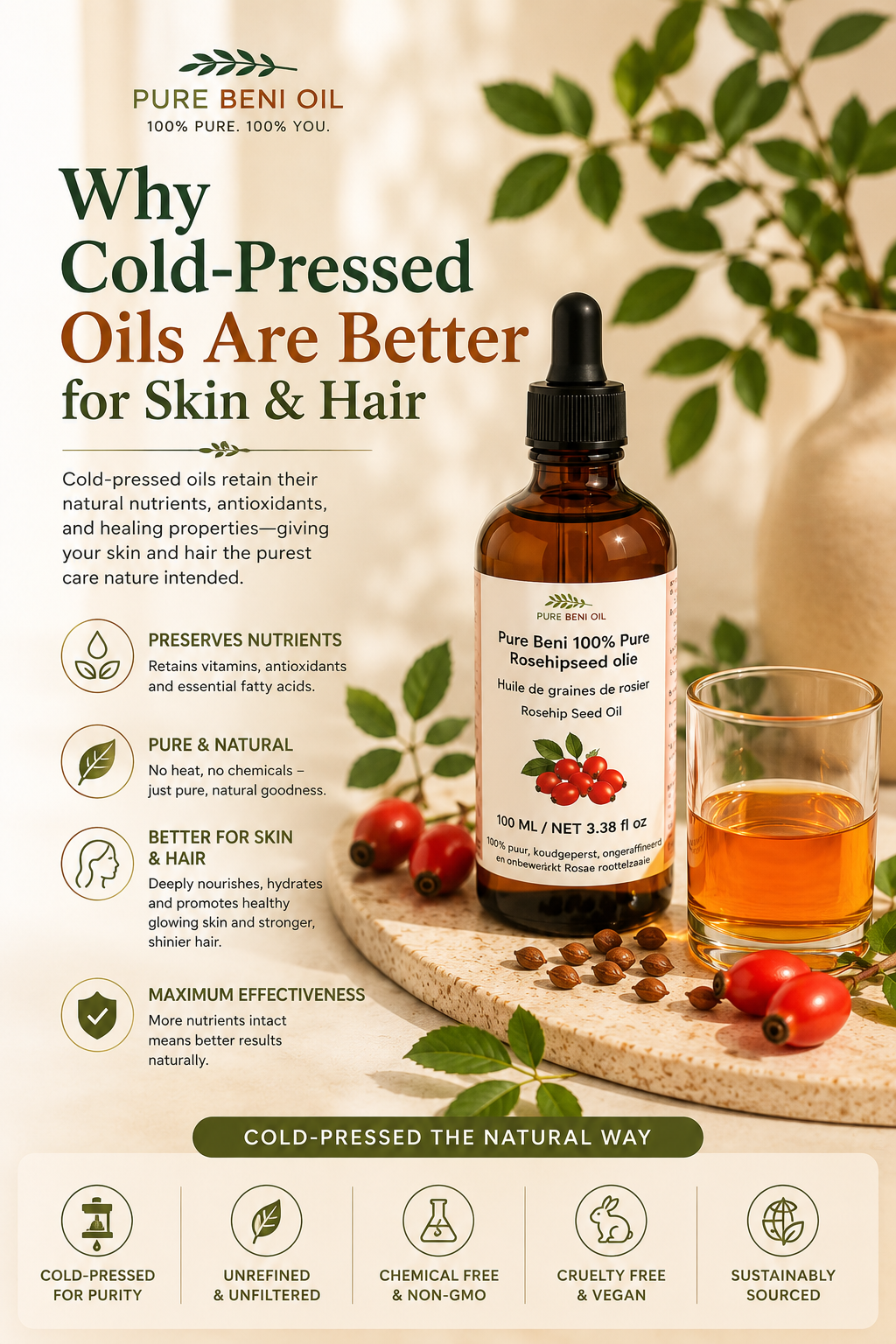 "Cold-pressed natural oils for skin and hair — rosehip, argan, castor and jojoba oil by PURE BENI OIL"