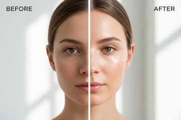Before and after Rose HP Oil - dull skin versus radiant, glowing skin with healthy glow