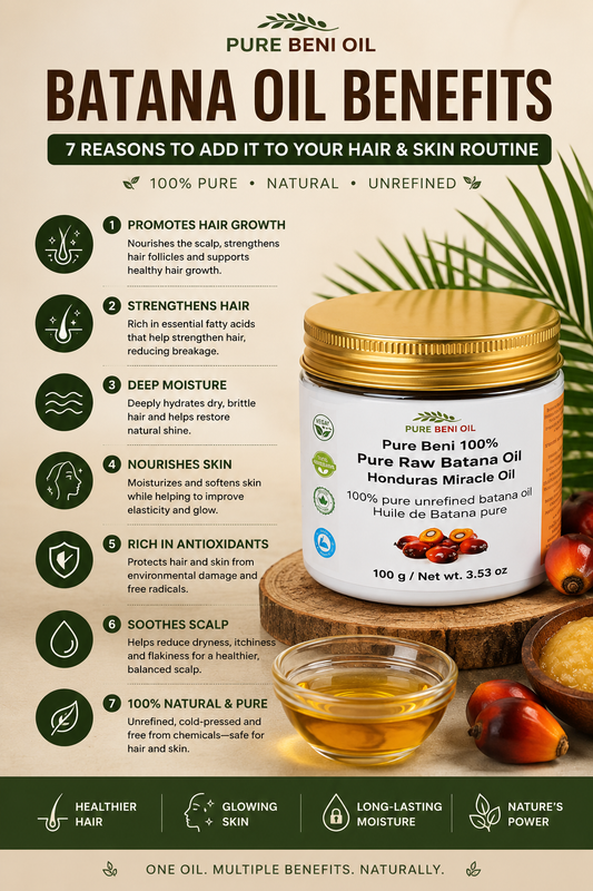 Batana Oil benefits infographic showing seven key benefits for hair growth, scalp nourishment, deep hydration, stronger hair, healthy skin and antioxidant protection using Pure Beni Raw Batana Oil.