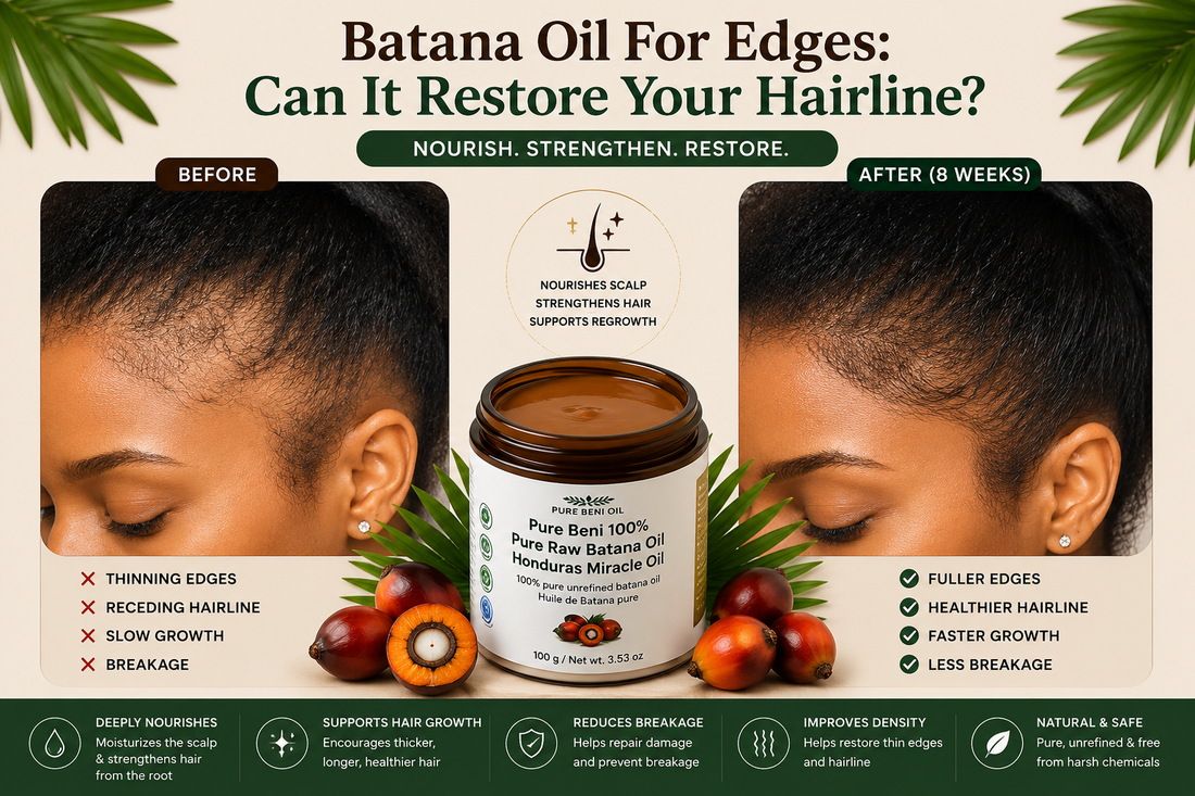 Pure Beni Raw Batana Oil infographic with before and after edge regrowth results, highlighting improved hairline density, healthier edges, reduced breakage and support for natural hair growth.