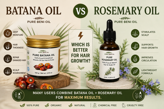 Batana Oil vs Rosemary Oil comparison for hair growth featuring Pure Beni Batana Oil and Rosemary Oil, highlighting scalp care, hair strengthening, hair thickness and natural hair growth benefits.