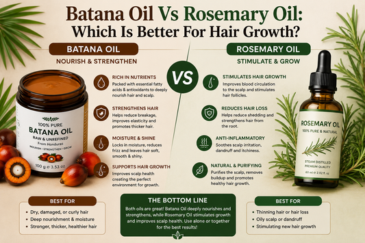 Side-by-side comparison of Pure Beni Batana Oil and Rosemary Oil for hair growth, highlighting differences in scalp stimulation, hair thickness, nourishment, hair strength and overall hair health.