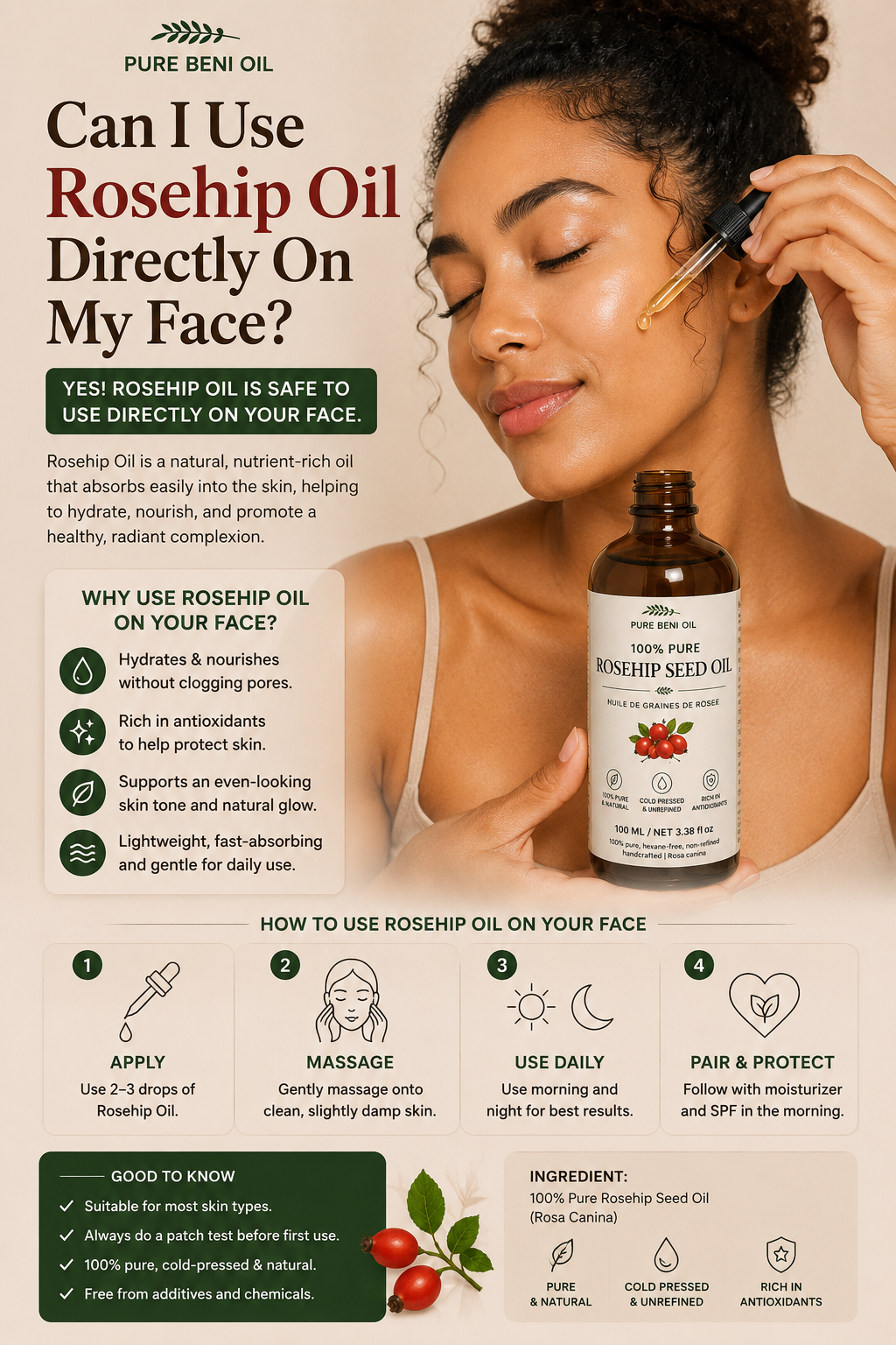 Hand holding a glass dropper of rosehip oil over a marble surface can I use rosehip oil directly on my face