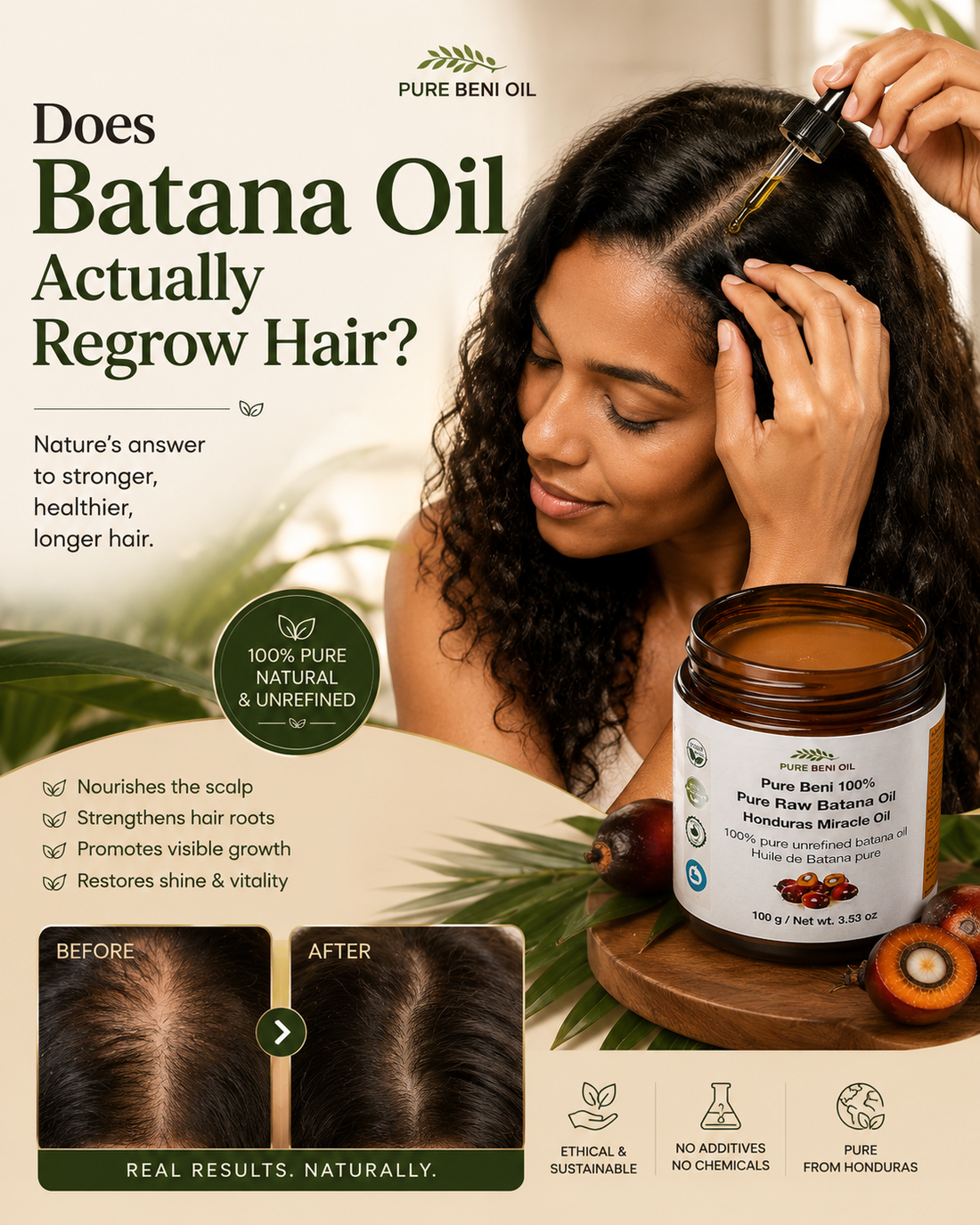 Pure Beni Batana Oil hair growth infographic showing a woman applying Batana Oil to her scalp, highlighting natural scalp care, hair nourishment, stronger-looking hair, and hair growth support.