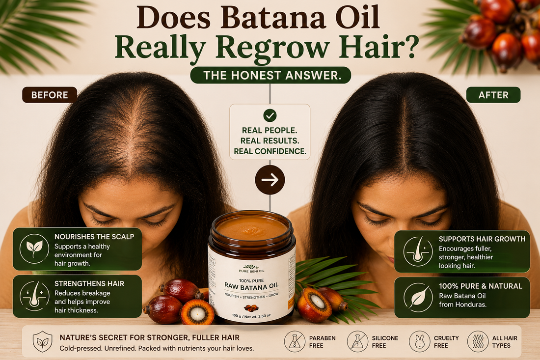 Pure Beni Raw Batana Oil hair regrowth infographic featuring before and after results, highlighting scalp nourishment, stronger hair strands, reduced thinning, improved hair thickness and support for healthy hair growth.