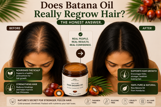 Pure Beni Raw Batana Oil hair regrowth infographic featuring before and after results, highlighting scalp nourishment, stronger hair strands, reduced thinning, improved hair thickness and support for healthy hair growth.