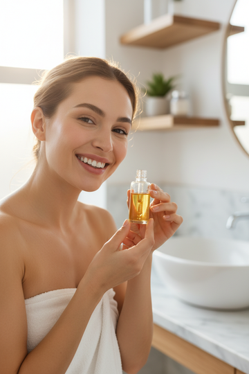  "Gelukkige vrouw brengt Rose HP Oil aan op haar gezicht voor natuurlijke huidverzorging"