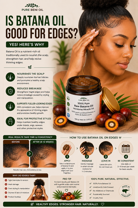 Batana Oil for thinning edges and hairline care, helping nourish the scalp, reduce hair breakage, and support healthier-looking edge growth.