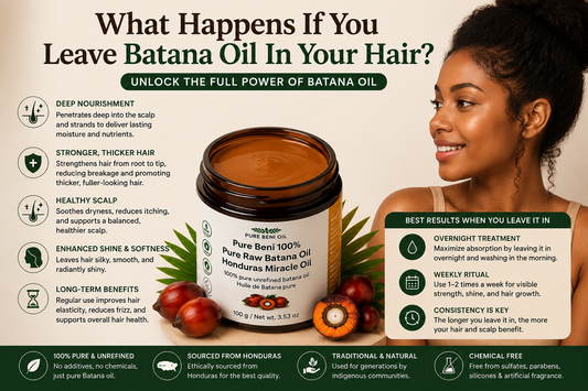 Pure Beni Raw Batana Oil infographic showing the benefits of leaving Batana oil in hair overnight, including deep moisture, scalp nourishment, stronger hair strands, reduced frizz and healthier-looking hair.