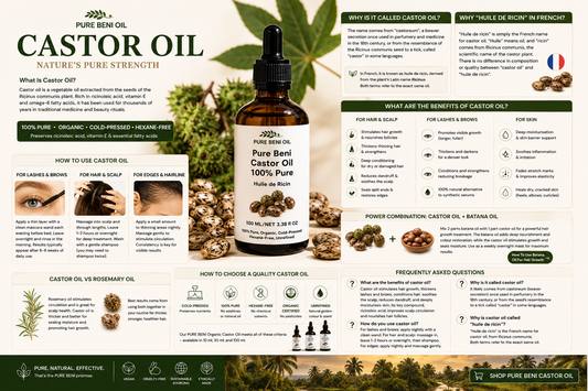PURE BENI Organic Castor Oil 100% pure and cold-pressed. Natural hair growth oil for thinning hair, scalp nourishment, stronger eyelashes, fuller eyebrows and healthy skin.
