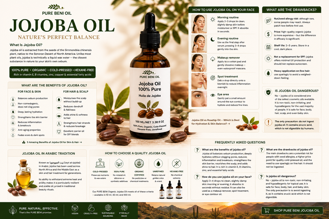 PURE BENI 100% Pure Organic Jojoba Oil for face, skin, hair and scalp. Non-comedogenic cold-pressed jojoba oil that hydrates, balances sebum production, nourishes the scalp and promotes healthy-looking hair.