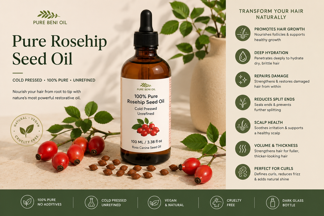 Bottle of Pure Beni 100% Pure Rosehip Seed Oil with rosehips and seeds, highlighting benefits for hair growth, dry hair, damaged hair repair, scalp health, split ends, volume and thickness.