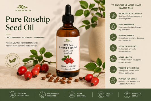 Bottle of Pure Beni 100% Pure Rosehip Seed Oil with rosehips and seeds, highlighting benefits for hair growth, dry hair, damaged hair repair, scalp health, split ends, volume and thickness.