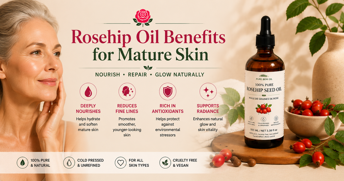 Rosehip Seed Oil for Mature Skin by Pure Beni Oil helping nourish, hydrate and support radiant youthful-looking skin naturally.