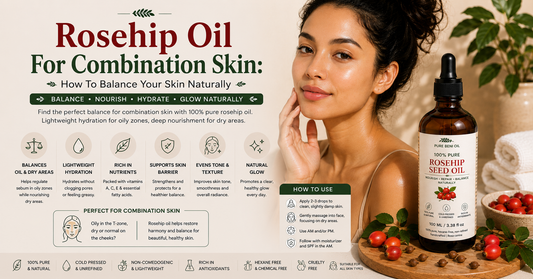 Rosehip oil for combination skin showing a woman with balanced glowing skin and Pure Beni Rosehip Seed Oil helping hydrate dry areas while balancing oily zones naturally