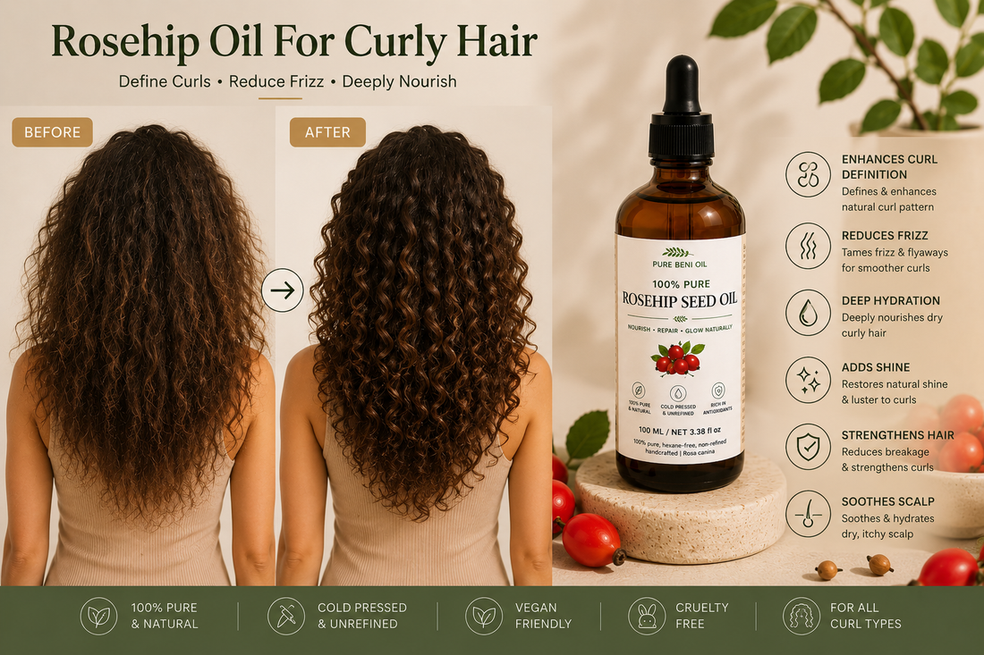 Pure Beni Rosehip Oil before and after infographic for curly hair, highlighting curl definition, frizz reduction, deep hydration, scalp nourishment and stronger healthier curls naturally.