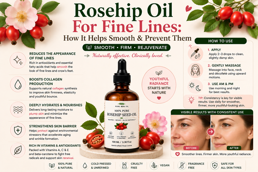 Pure Beni Rosehip Oil infographic for fine lines and early signs of aging, highlighting collagen support, deep hydration, skin barrier protection, improved elasticity and visibly smoother healthier-looking skin.