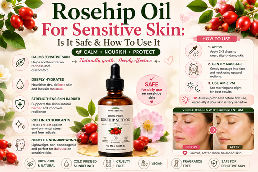 Rosehip Oil for sensitive skin guide featuring Pure Beni Rosehip Seed Oil, highlighting skin barrier support, hydration, antioxidant protection, redness reduction and step-by-step application instructions for delicate skin.
