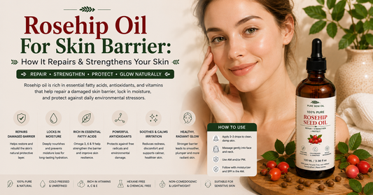 White woman with healthy glowing skin beside Pure Beni Rosehip Seed Oil bottle showing how rosehip oil helps repair, strengthen and protect the skin barrier naturally
