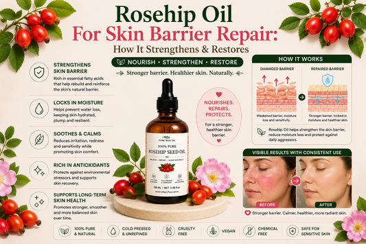 Pure Beni Rosehip Oil infographic for skin barrier repair, highlighting moisture retention, skin barrier strengthening, antioxidant protection, reduced irritation and improved skin resilience with before and after results.