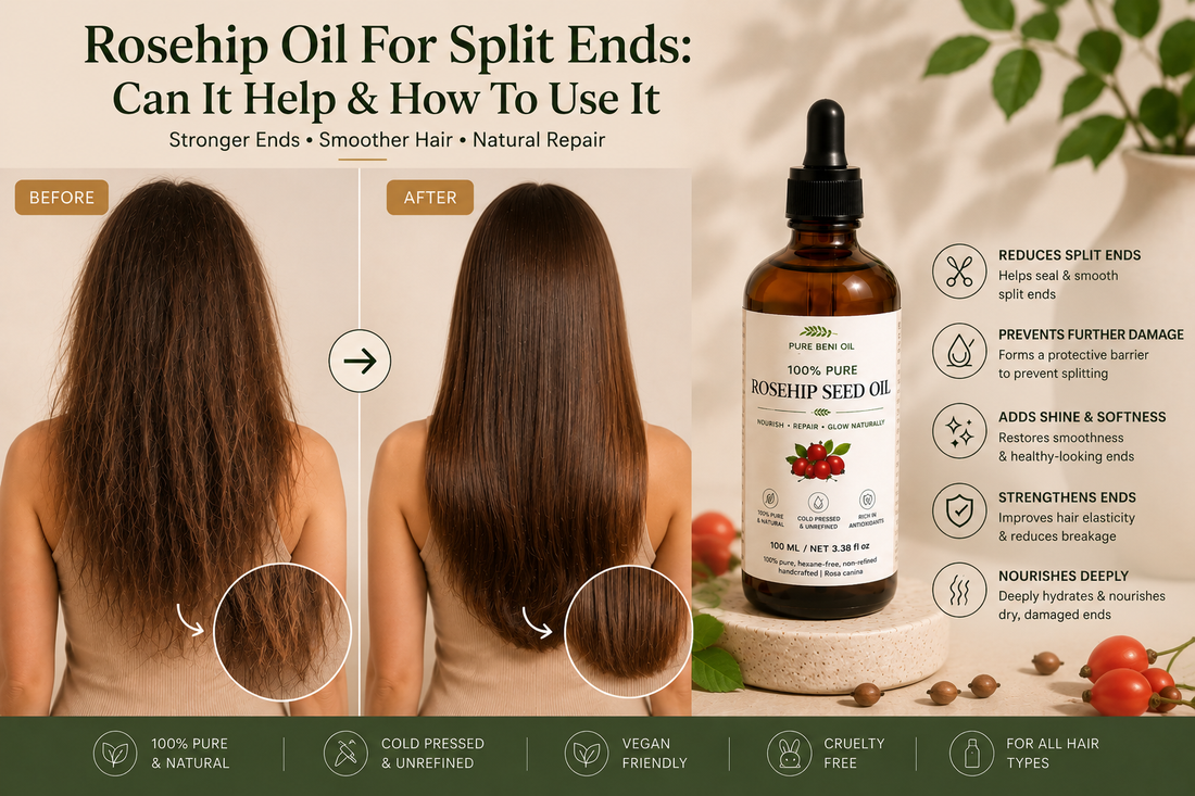 Pure Beni Rosehip Oil before and after infographic for split ends, highlighting smoother hair tips, reduced split ends, deep hydration, improved hair strength and restored shine.