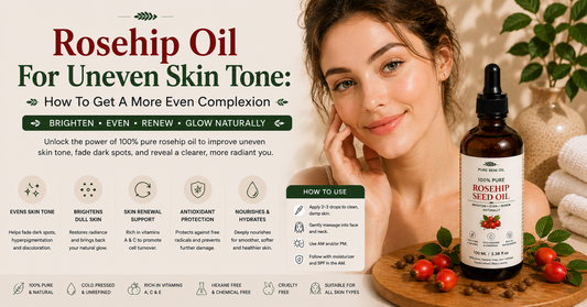 Woman with radiant even skin tone beside Pure Beni Rosehip Seed Oil bottle showing how rosehip oil helps reduce dark spots, improve skin texture and promote a brighter complexion naturally