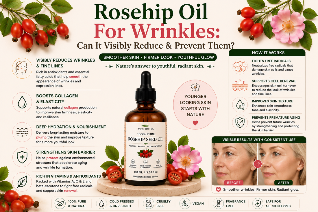Pure Beni Rosehip Oil infographic for wrinkles and mature skin, highlighting collagen support, deep hydration, improved skin firmness, reduced appearance of wrinkles and healthier younger-looking skin.