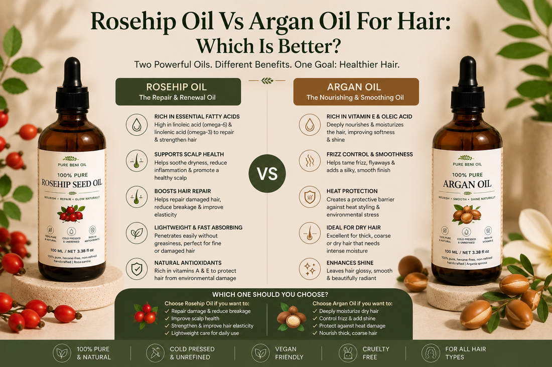 Side-by-side comparison of Rosehip Oil and Argan Oil for hair, showing benefits for damaged hair repair, scalp health, moisture retention, frizz reduction, shine enhancement and hair strength.