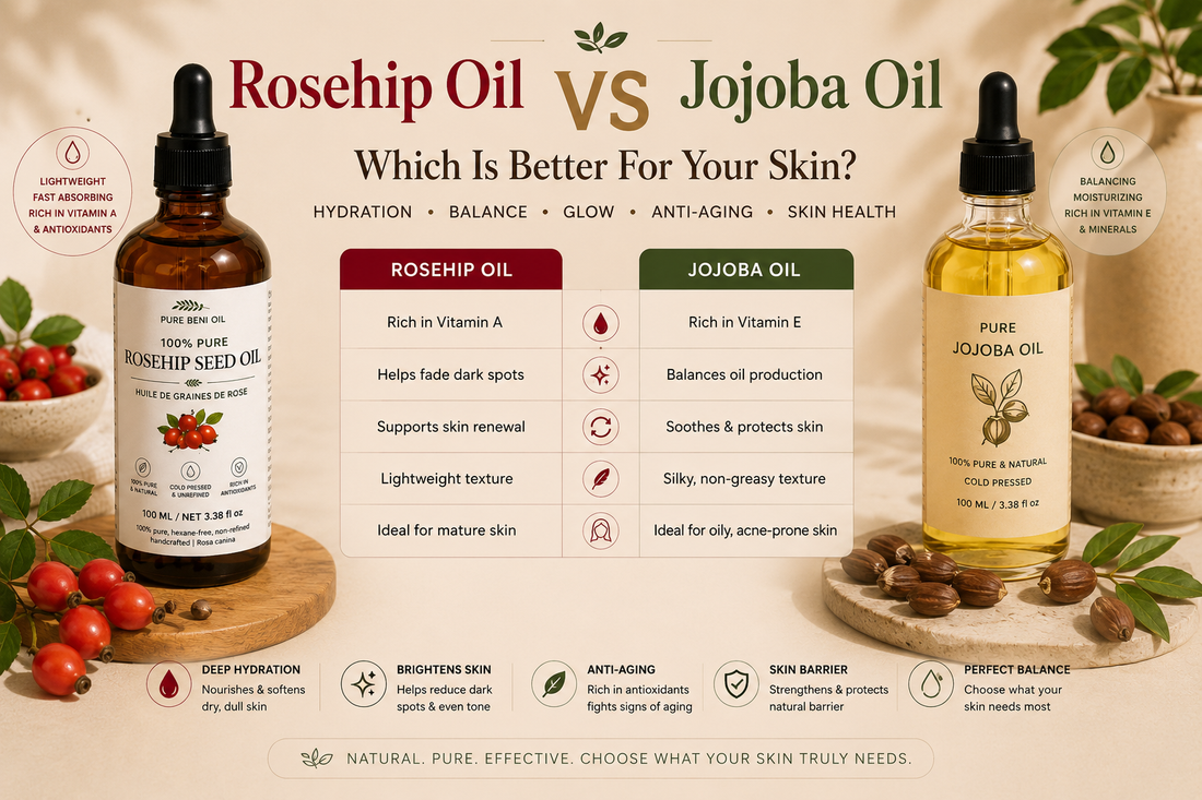 Rosehip Oil vs Jojoba Oil comparison highlighting hydration skin balance anti-aging benefits and radiant skin