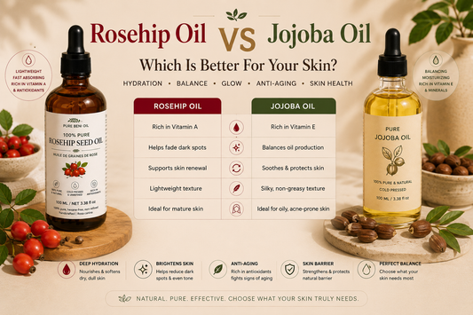 Rosehip Oil vs Jojoba Oil comparison highlighting hydration skin balance anti-aging benefits and radiant skin