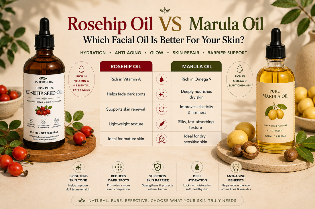 Rosehip oil and marula oil bottles on a marble surface with botanical elements — rosehip oil vs marula oil
