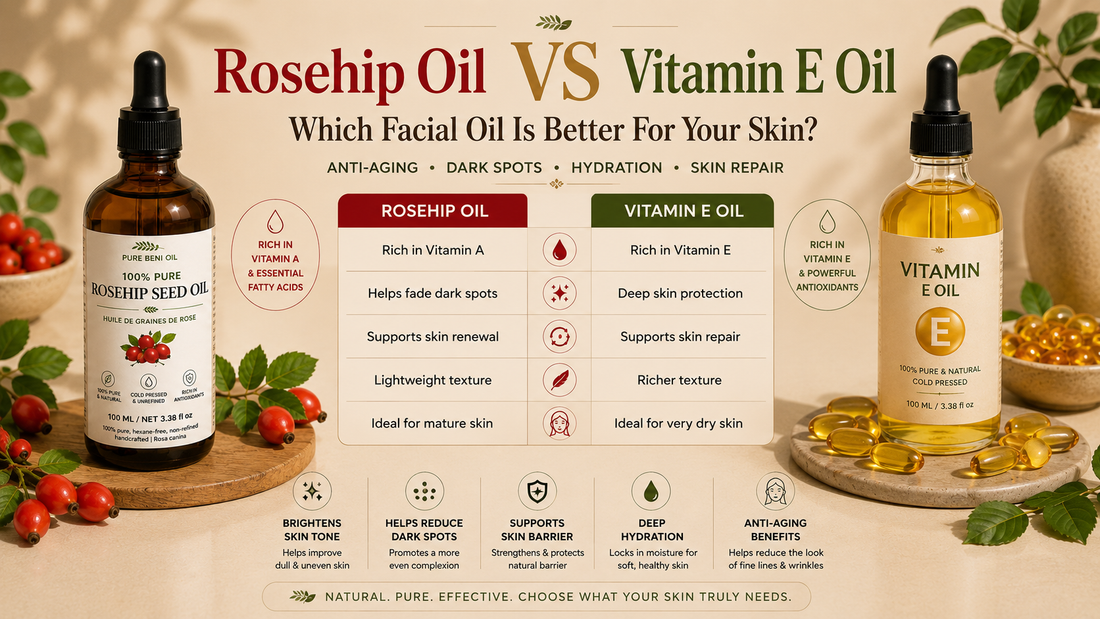 Rosehip oil and vitamin E oil bottles side by side on marble surface — rosehip oil vs vitamin E oil