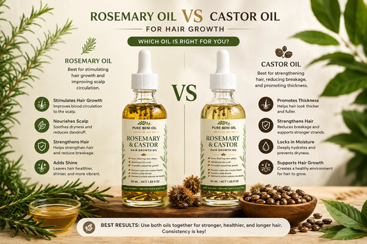 Rosemary oil vs castor oil for hair growth — pure cold-pressed natural oils by PURE BENI OIL