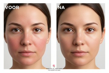 Before and after Rose HP Oil Pure Beni Oil - sensitive skin with redness versus calm healthy skin