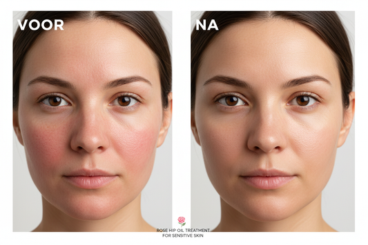 Before and after Rose HP Oil Pure Beni Oil - sensitive skin with redness versus calm healthy skin