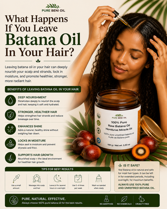 Batana Oil overnight hair treatment infographic showing a woman applying Batana Oil to her scalp, highlighting hydration, scalp care, shine, moisture retention, and healthier-looking hair naturally.