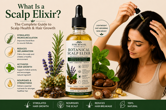 Woman applying PURE BÉNI Botanical Scalp Elixir to her scalp at home with botanical ingredients surrounding the bottle, illustrating a natural scalp treatment that promotes healthier hair growth and nourishes the scalp.