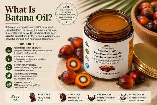 Pure Beni Raw Batana Oil infographic featuring the benefits of Batana Oil for hair growth, reducing hair loss, moisturizing dry hair, nourishing the scalp, and supporting healthier stronger hair naturally.