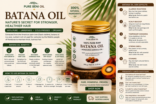 PURE BÉNI Batana Oil infographic showing what batana oil is, its hair growth benefits, possible side effects, how to use it safely, FAQs, and 100% pure cold-pressed unrefined Batana Oil from Honduras.