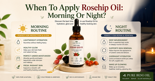 "When to apply rosehip oil morning or night infographic showing the benefits of using Pure Beni Rosehip Oil in a daytime and nighttime skincare routine"