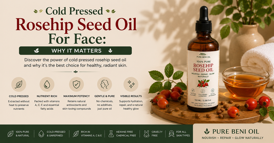 Cold pressed rosehip seed oil for face showing Pure Beni Rosehip Oil with rosehip berries highlighting natural skincare benefits hydration antioxidants and healthy glowing skin